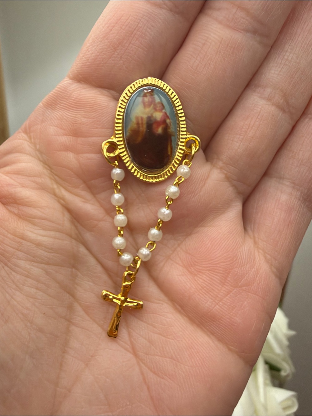 Gold-Tone Religious Rosary Charm with Pearl Beads